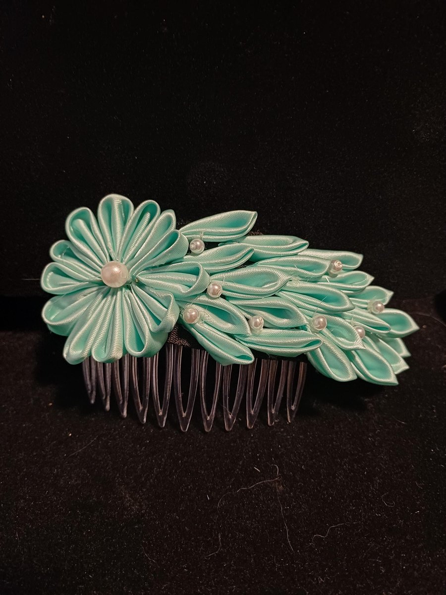 Teal Kanzashi Flower hair comb