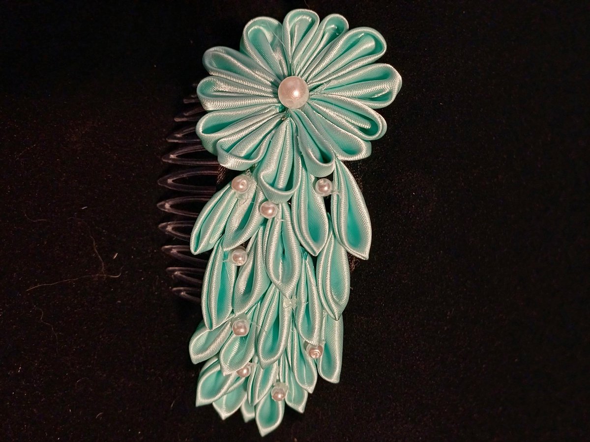 Teal Kanzashi Flower hair comb
