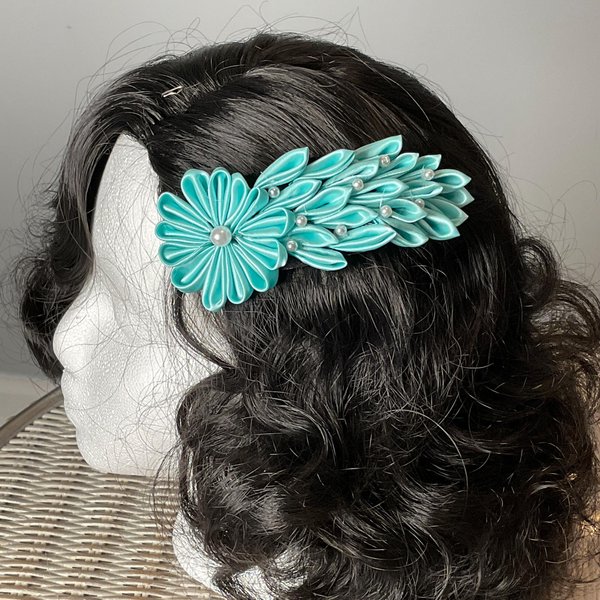 Teal Kanzashi Flower hair comb